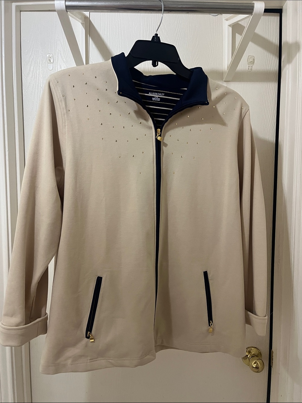 Allison Daley Cream Jacket with Navy Trim and Gold Accents